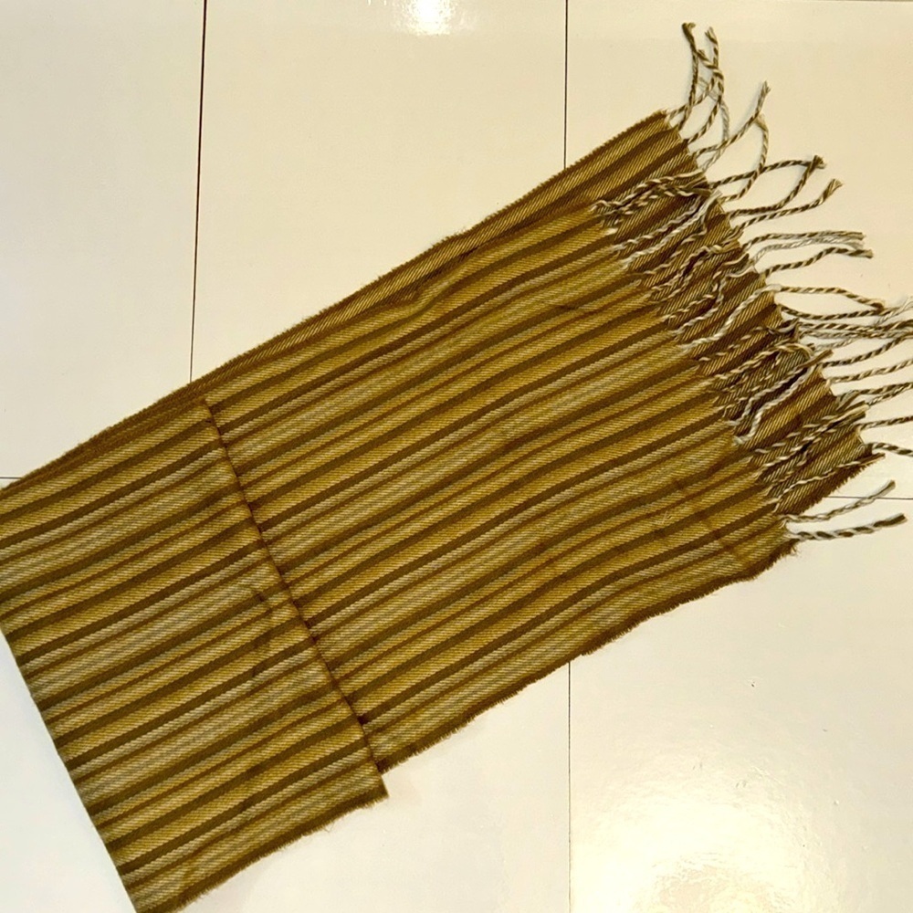 Italian mens striped scarf. Soft lux fabric. Brown/tan/grey. Size 11”by52”.NWOT